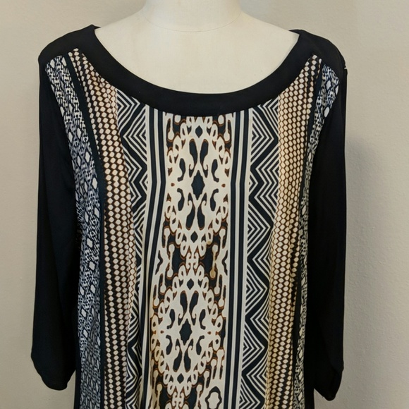Long stretchy tunic black/cream/brown print - Picture 1 of 8